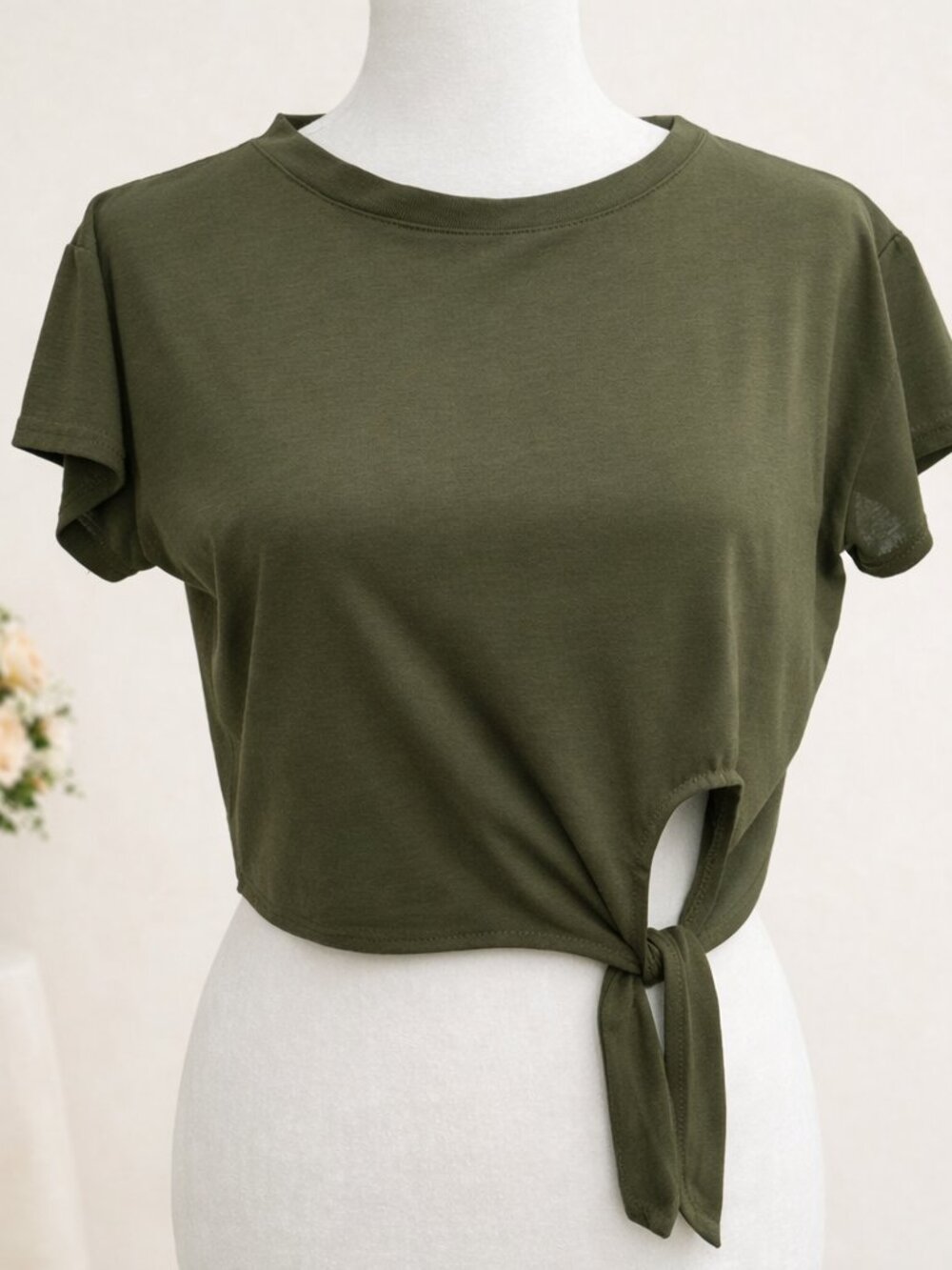 Olive Tie‑Side Crop Top Cutout Knot Tee Cammo Minimalist Neutral Capsule Soft